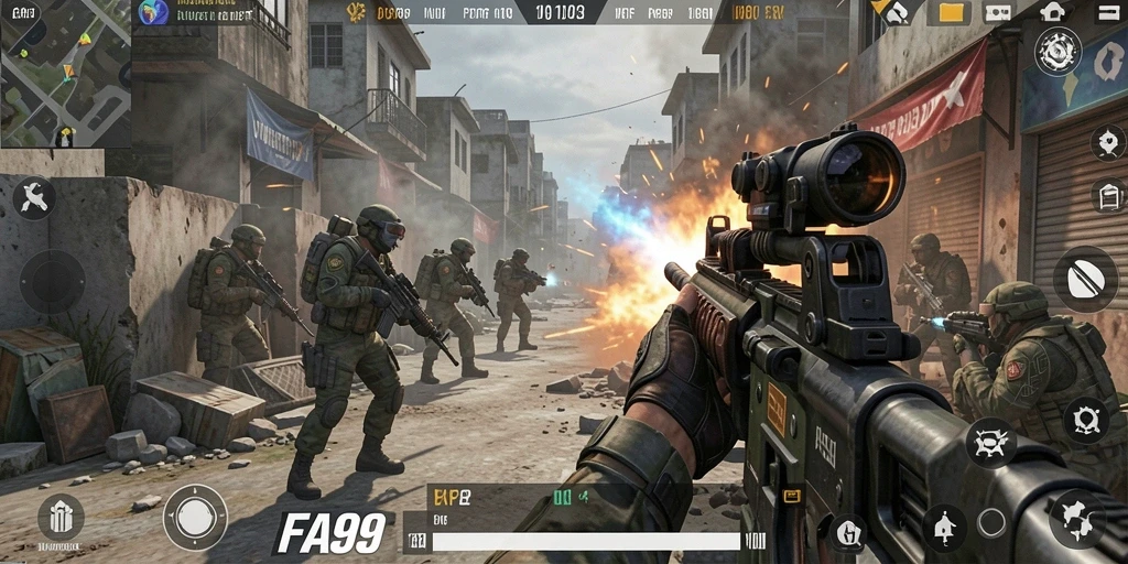 Screenshot FA99 menunjukkan aksi pertempuran FPS yang mendebarkan.