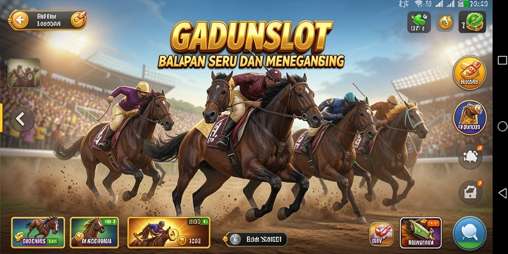 Screenshot gameplay GADUNSLOT menunjukkan balapan mendebarkan dengan mobil yang melaju kencang.