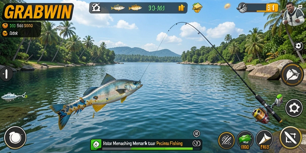 Screenshot game GRABWIN menampilkan pengalaman memancing yang seru.