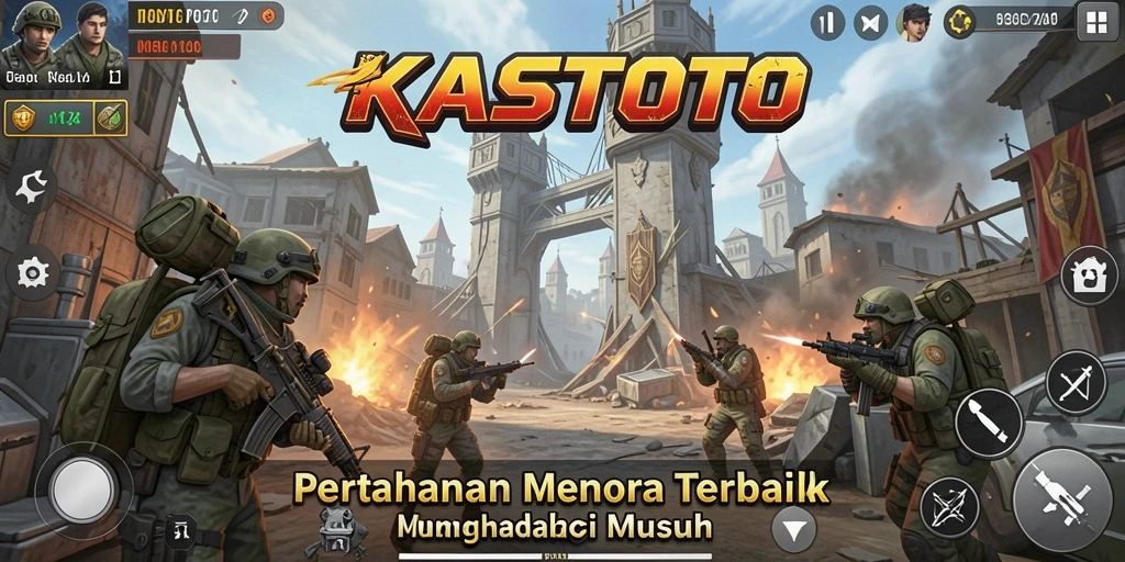 Screenshot utama KASTOTO menampilkan aksi seru dan strategi menara dalam mempertahankan basis.